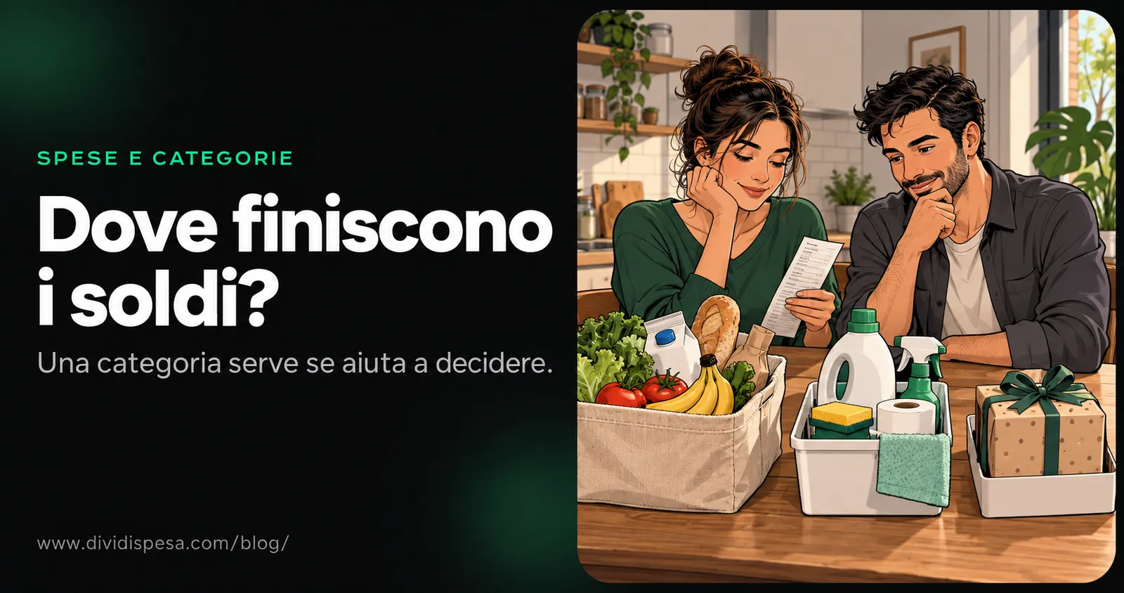Illustrazione originale a fumetto: due adulti leggono uno scontrino accanto ad alimentari, prodotti per la casa e un regalo