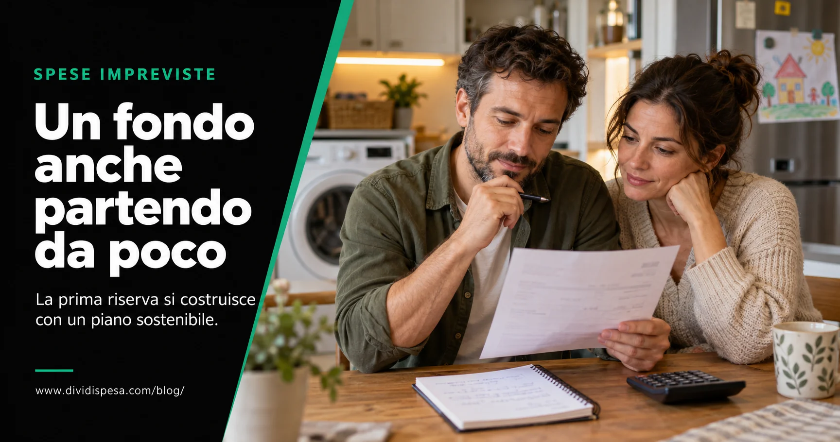 Scena realistica generata: una coppia esamina un preventivo e un quaderno in cucina, con una lavatrice sullo sfondo