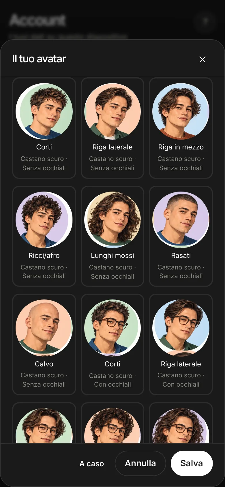 Selezione avatar con volto maschile: ritratti illustrati con capelli corti, ricci, rasati, calvi, con e senza occhiali.