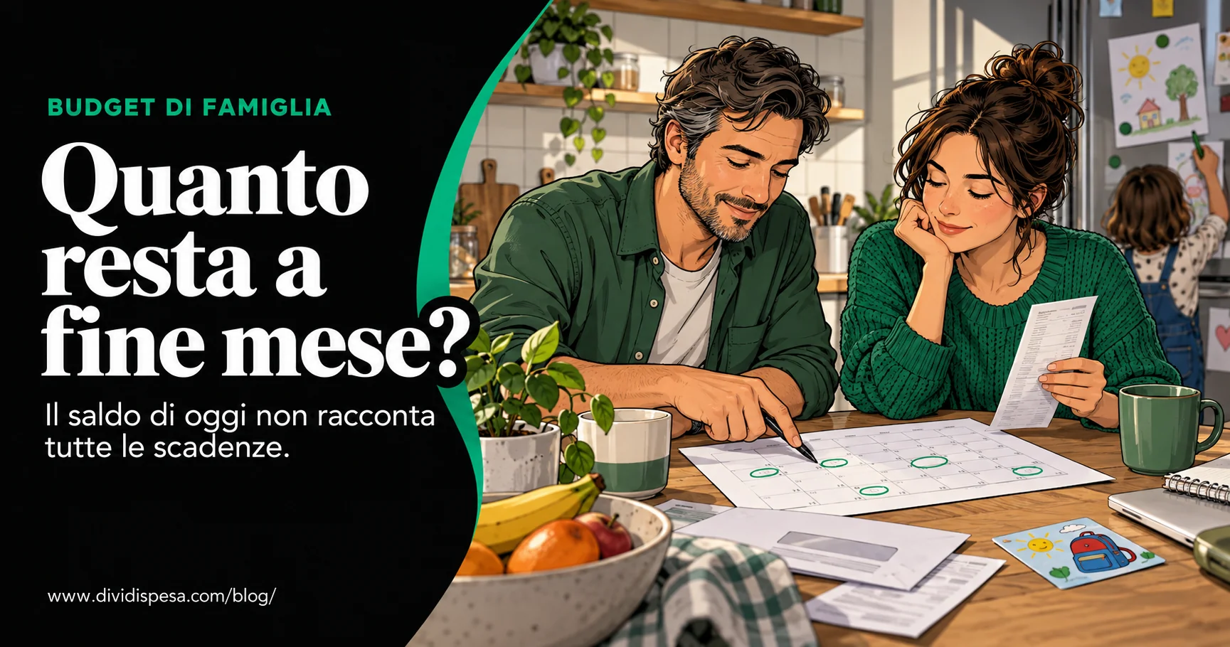 Illustrazione originale a fumetto: una coppia esamina calendario e ricevute in cucina, con disegni dei figli sullo sfondo