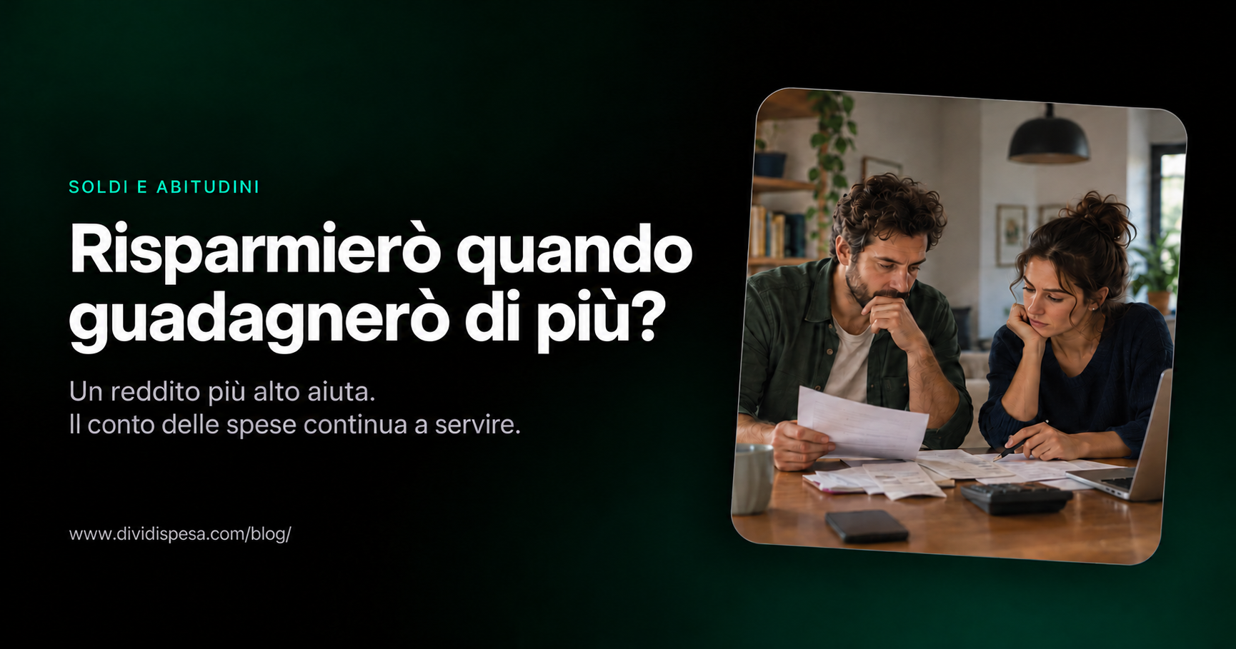 Scena realistica generata: due adulti esaminano le spese, sul tema del risparmio e del reddito
